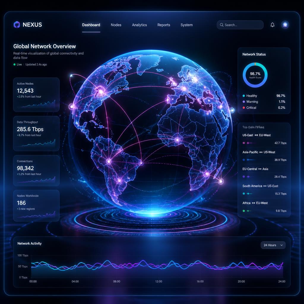 High-Tech Glassmorphism Web Interface Showing Global Technological Connection